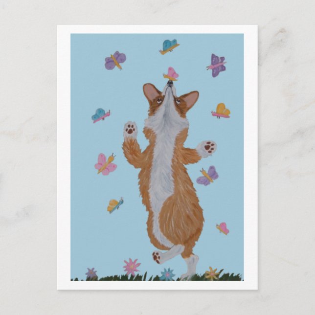 Tanzender Welsh Corgi mit Schmetterlingen Postkarte (Vorderseite)