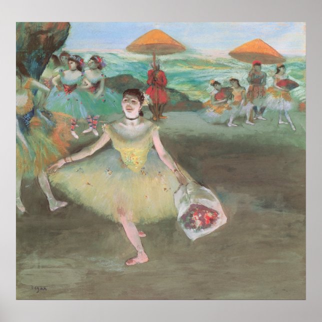 Tänzerin mit Bouquet, Curtsying von Edgar Degas Poster (Vorne)