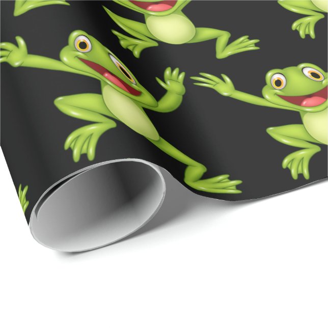 Tanzgrüner Frosch auf schwarz Geschenkpapier (Rolleneckpunkt)