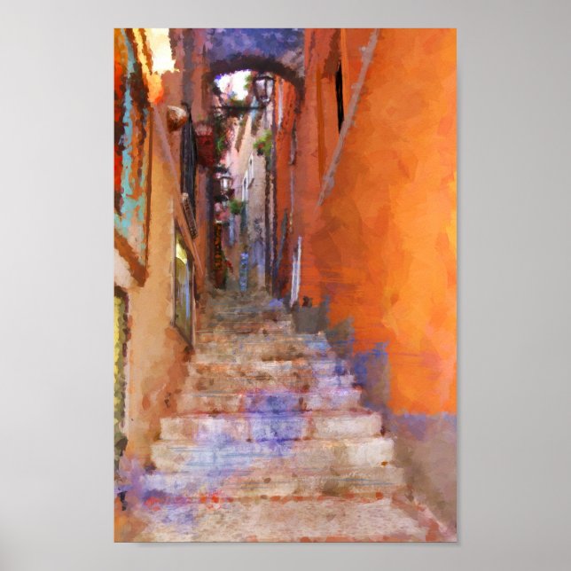 Taormina Sicily Italy Narrow Street Steps Malerei Poster (Vorne)
