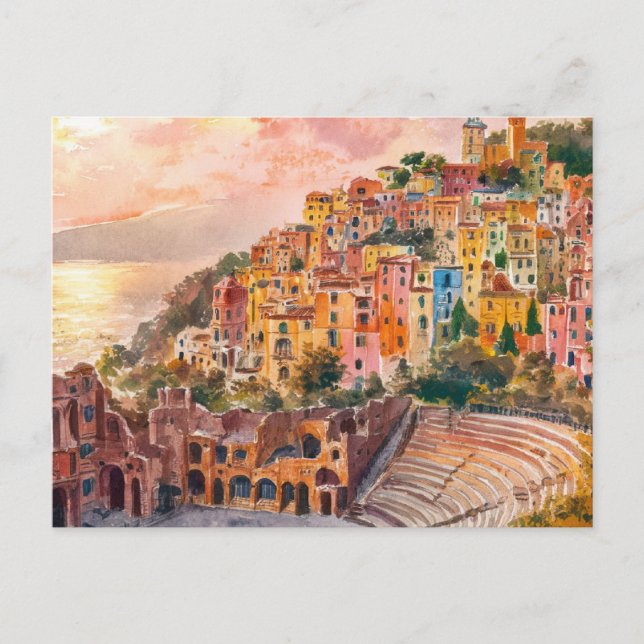 Taormina, Vintage Malerei auf Sizilien Postkarte (Vorderseite)