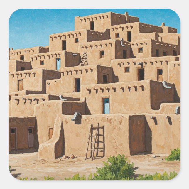 Taos Pueblo New Mexico Quadratischer Aufkleber (Vorderseite)
