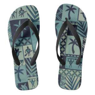 Tapa Blues Hawaiian Petroglyph Krieger Flip Flops