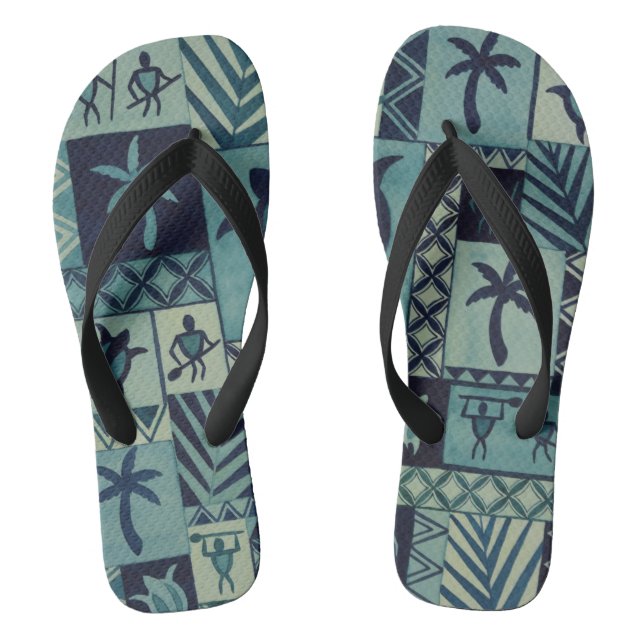 Tapa Blues Hawaiian Petroglyph Krieger Flip Flops (Fußbett)