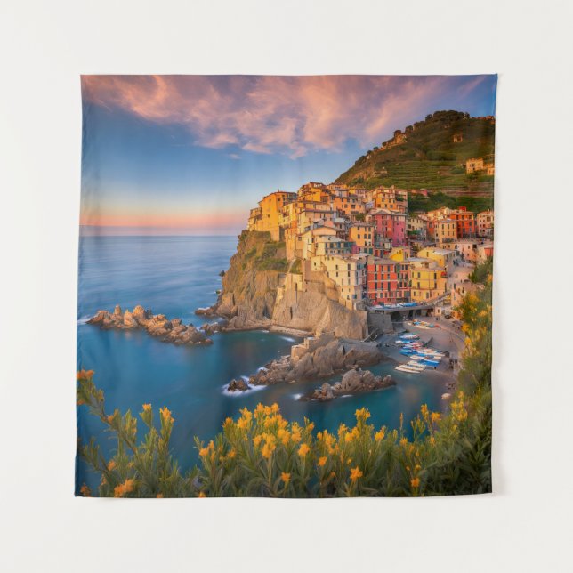 Tapesti Blume Sunset Cinque Terre Italien Küste Wandteppich (Vorderseite)