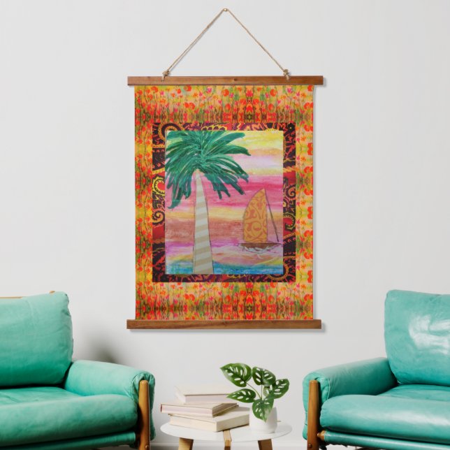 Tapestry - Abstract Palm Tree and Sailboat Wandteppich Mit Holzrahmen (Wohnzimmer)