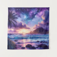 Tapestry Lila Sunset Tropical Beach Moon Art
