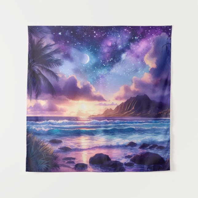 Tapestry Lila Sunset Tropical Beach Moon Art Wandteppich (Vorderseite)