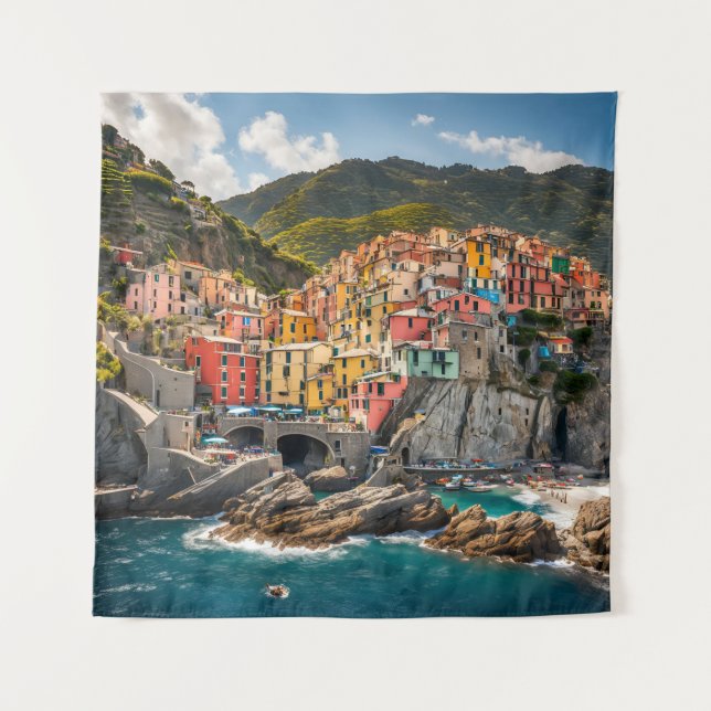 Tapestry Manarola Cinque Terre Italien Küstenmeer Wandteppich (Vorderseite)