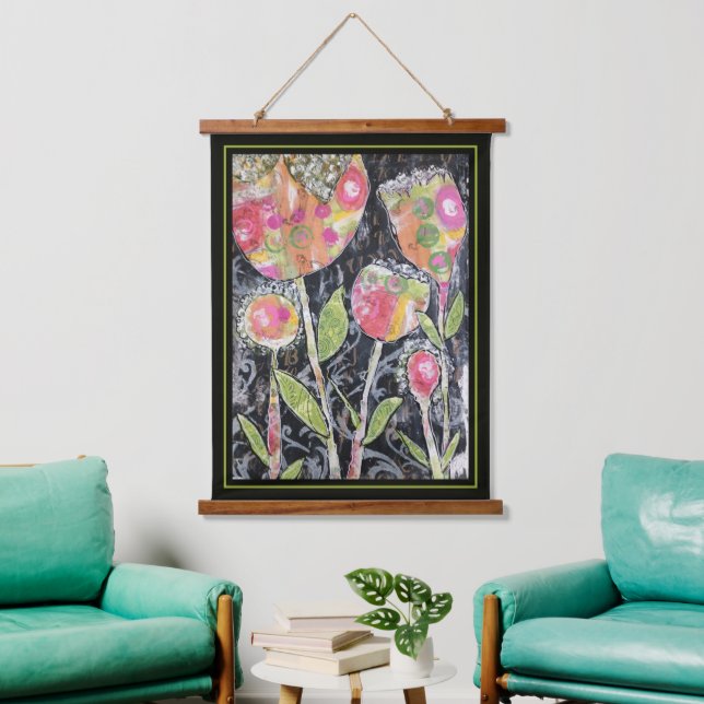 Tapestry - Mixed Media Flowers Wandteppich Mit Holzrahmen (Wohnzimmer)