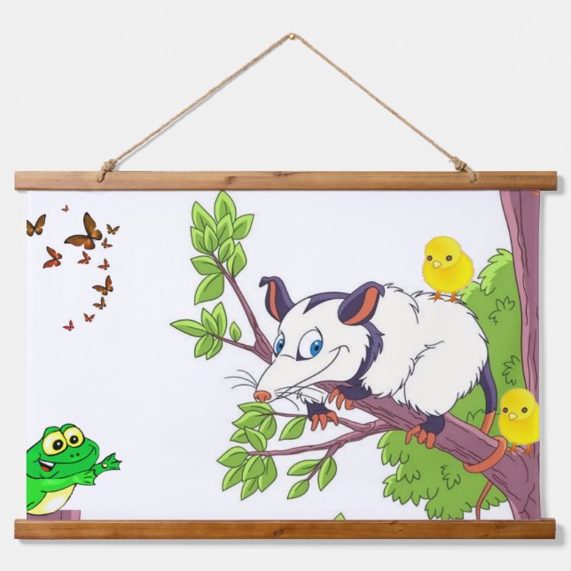 Tapestry Possum Frosch Chick Floral Wandteppich Mit Holzrahmen (Vorne)