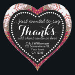 Tapestry Red White Chalkboard Danke Heart Sticker<br><div class="desc">Vielen Dank für Ihr individualisierbares Herzform Aufkleber : Fraktal Spitzen Design in Rot, Gold und Weiß mit dem Wort "Dank" in Handschrift Schriftart für personalisieren Nachrichten. Tolle und visuelle Art zu sagen Danke für Hochzeiten, Verlobung, Jubiläum & Wiedersehen und besondere Veranstaltungen - oder passen Sie es an Anzug genau, wie...</div>