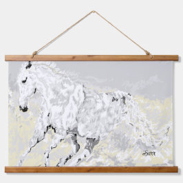 Tapestry : wild white Stallion  Wandteppich Mit Holzrahmen
