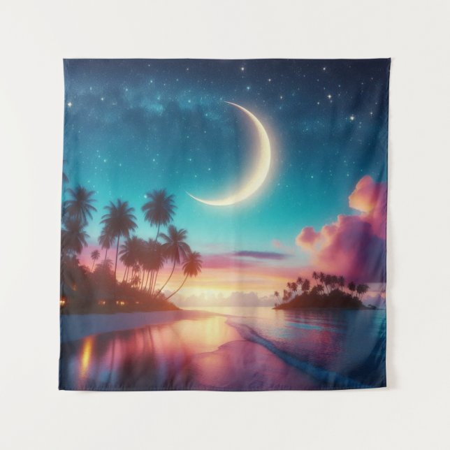 Tapesty Crescent Moon Tropical Beach Art Wandteppich (Vorderseite)