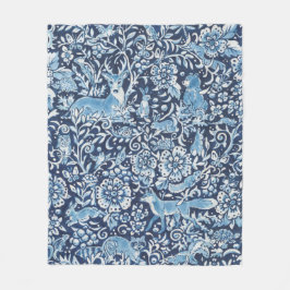 Tapesty Indigo Blue White Woodland Animal Floral Fleecedecke