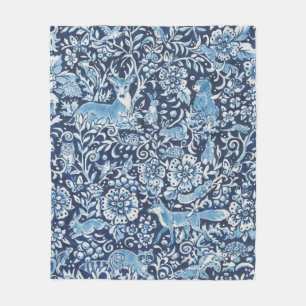 Tapesty Indigo Blue White Woodland Animal Floral Fleecedecke