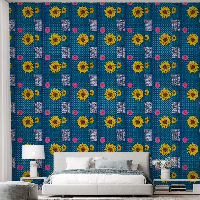 Tapete Blume mit Blumenmuster Gelb Blau (Schlafzimmer)