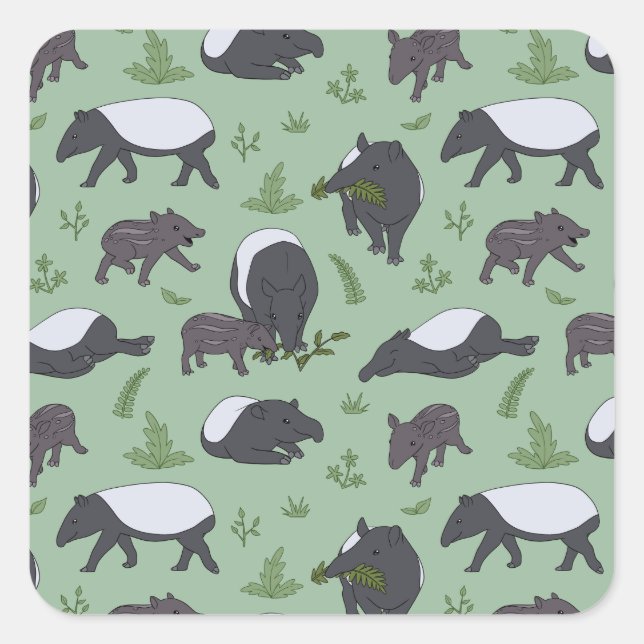 Tapir Family Dinner in Green Quadratischer Aufkleber (Vorderseite)