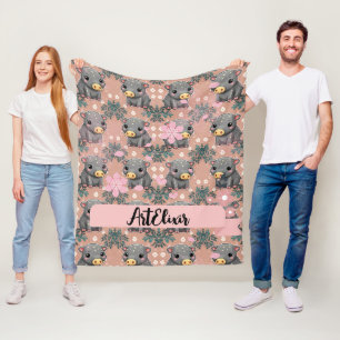 Tapir Pink floraler Hintergrund Print Fleecedecke