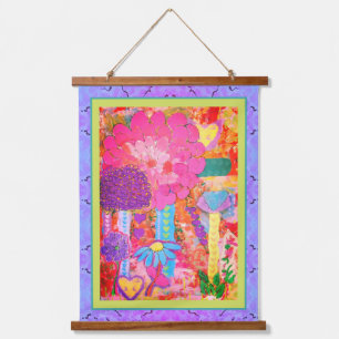 Tapisserie - Abstrakte Blumen Mixed-Media Wandteppich Mit Holzrahmen