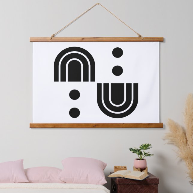 Tapisserie aus abstraktem, schwarzem und weißem Ho Wandteppich Mit Holzrahmen (Schlafzimmer)