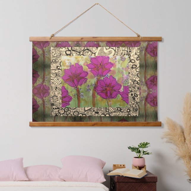 Tapisserie - Drei rosa Blumen Wandteppich Mit Holzrahmen (Schlafzimmer)