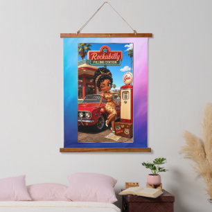 Tapisserie Gloria Chibi Rockabilly Morgendämmerung Wandteppich Mit Holzrahmen