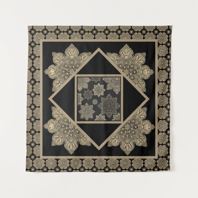 Tapisserie-Medallions, Bräune und Creme auf schwar Wandteppich (Vorderseite)