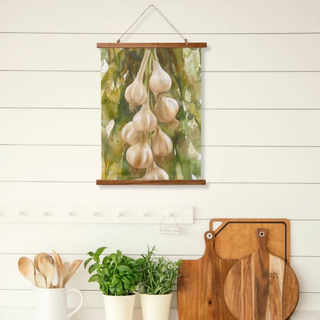 Tapisserie über Knoblauch Wandteppich Mit Holzrahmen (Hanging Kitchen Wood Top Scroll Art Hanging Garlic Watercolor Green Washes European Country Style)