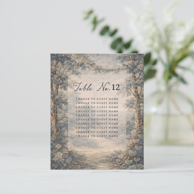 Tapisserieblaue Toile-Hochzeitstisch-Sitzplan (Stehend Vorderseite)
