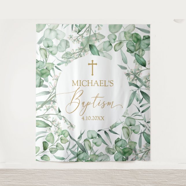 Tapiz Baptism Eucalyptus greenery backdrop banner Wandteppich (Vorderseite)