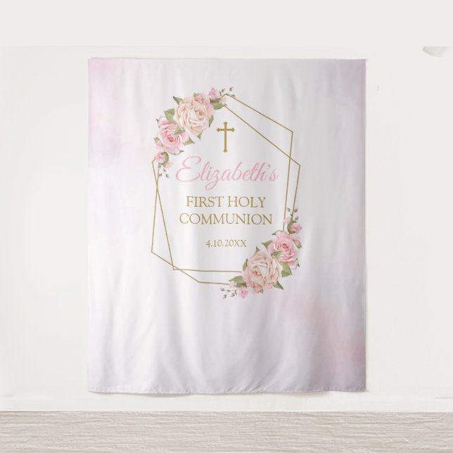 Tapiz Pink Floral Communion Backdrop Wandteppich (Vorderseite)