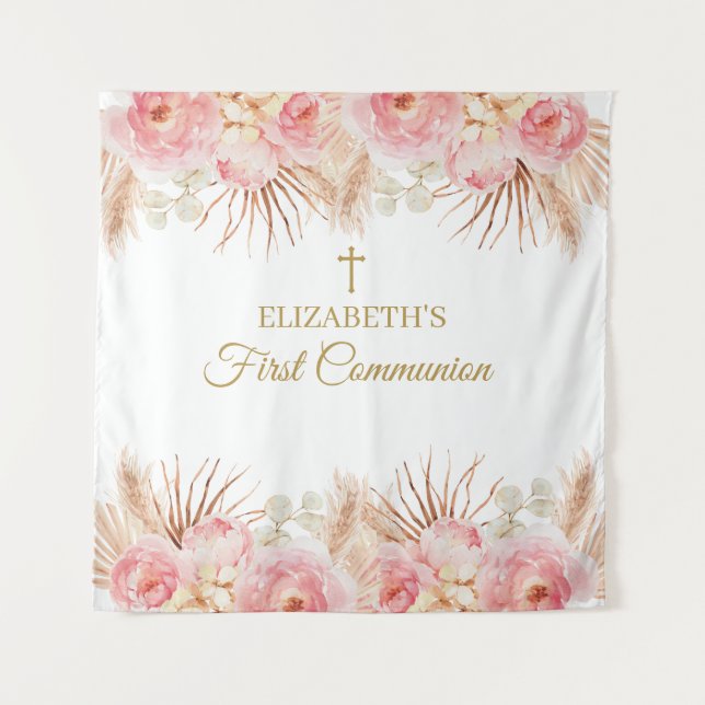 Tapiz Pink Floral First Communion Backdrop banner Wandteppich (Vorderseite)