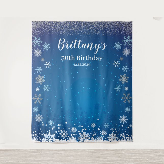 Tapiz Snow Blue Winter Birthday Backdrop banner Wandteppich (Vorderseite)