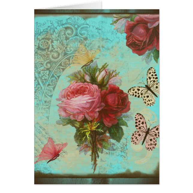 Tarjeta de felicitación turquesa y flores rosas (Vorne)