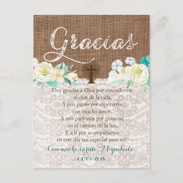 Tarjeta de gracias con oración para Bautismo Postkarte (Vorderseite)