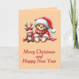 Tarjeta de Navidad con imagen de osito y reno. Karte