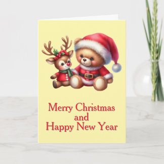 Tarjeta de Navidad con imagen de osito y reno. Karte