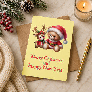 Tarjeta de Navidad con imagen de osito y reno. Karte