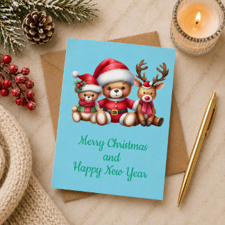 Tarjeta de Navidad con imagen de osito y reno. Karte