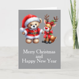Tarjeta de Navidad con imagen de osito y reno. Karte
