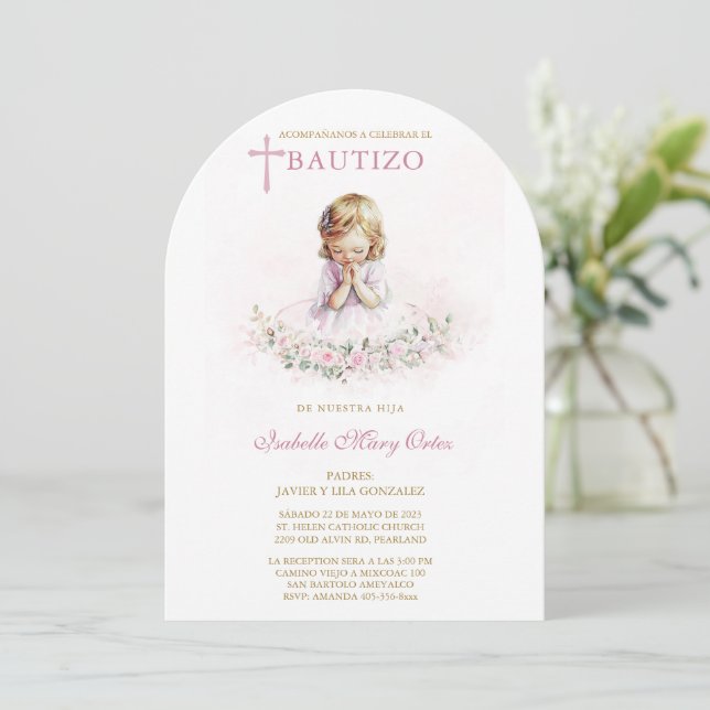 Tarjeta Personalizada Bautizo Niña Einladung (Stehend Vorderseite)