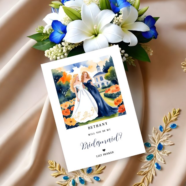 Tarjeta plana (Exquisite Blue Two Caucasian Girls Illustration Watercolor Effect Bridesmaid Proposal Card. )