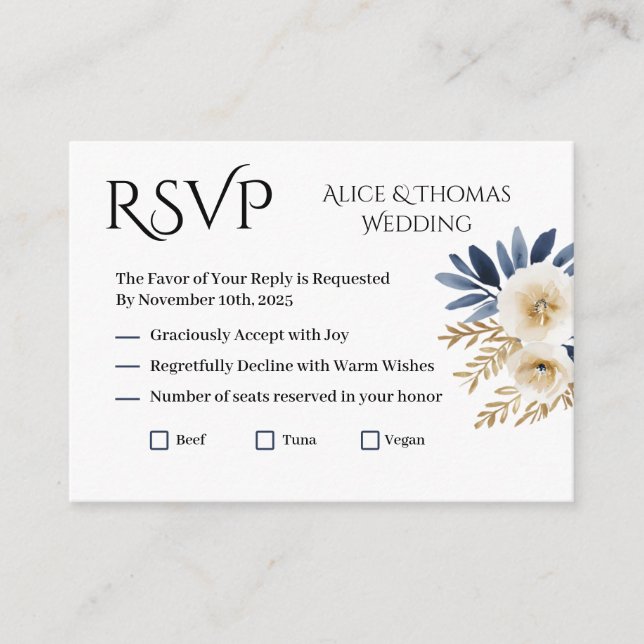 Tarjeta RSVP Floral Boda Elegante Flores Blue Gold Begleitkarte (Vorderseite)