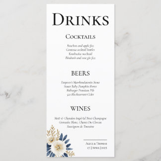 Tarjetas de Menú Cheers Couple Floral Blue Gold Menükarte