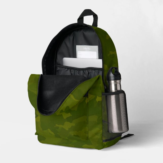 Tarnmuster in Olivgrün Bedruckter Rucksack (Rückseitige Ecke links (Offen) )