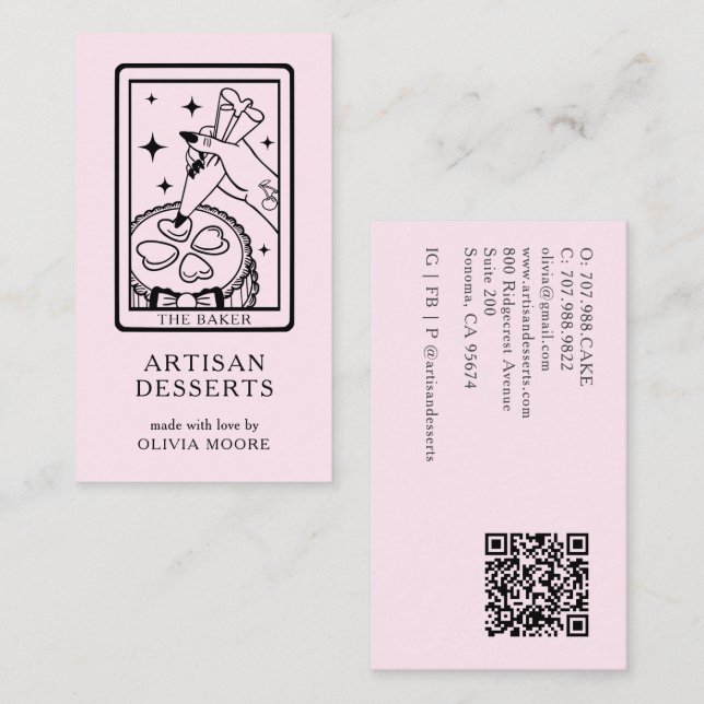 Tarot Artisan Baker Dessert Caterer QR Code Pink Visitenkarte (Vorne/Hinten)