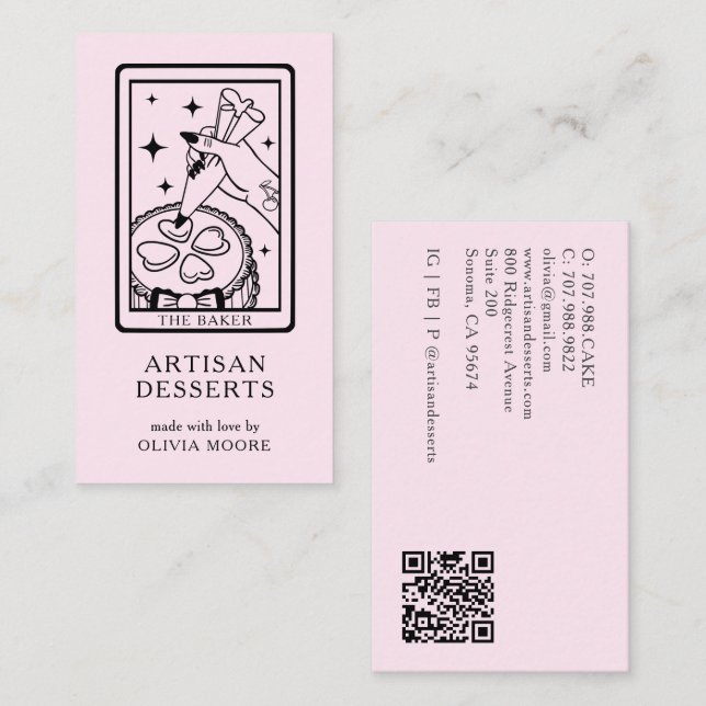Tarot Artisan Baker Dessert Caterer QR Code Pink Visitenkarte (Vorne/Hinten)