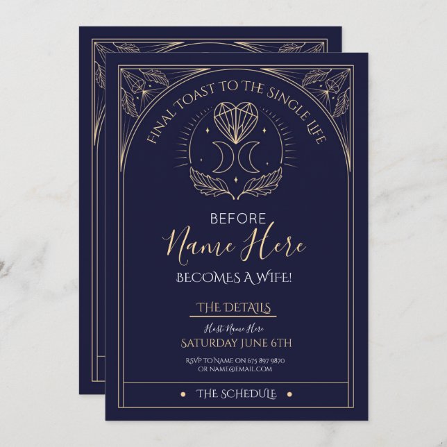 Tarot Brautparty Party Itinerary Navy Mystical Einladung (Vorne/Hinten)