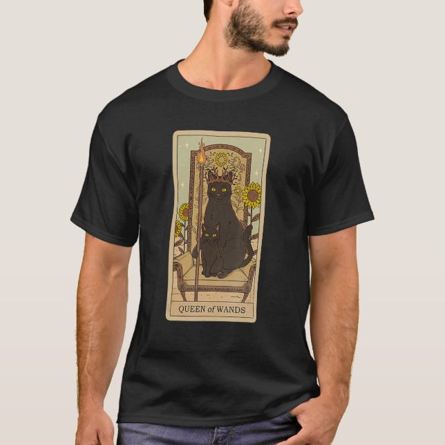 Tarot Card Queen Of Wands And Cat Cosmic Graphic C T-Shirt (Vorderseite)